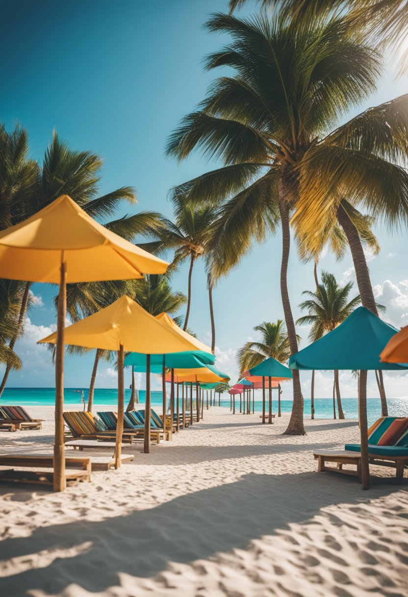 A sunny beach with palm trees, turquoise water, and a row of colorful cabanas lining the shore at an affordable all-inclusive resort in Cancun