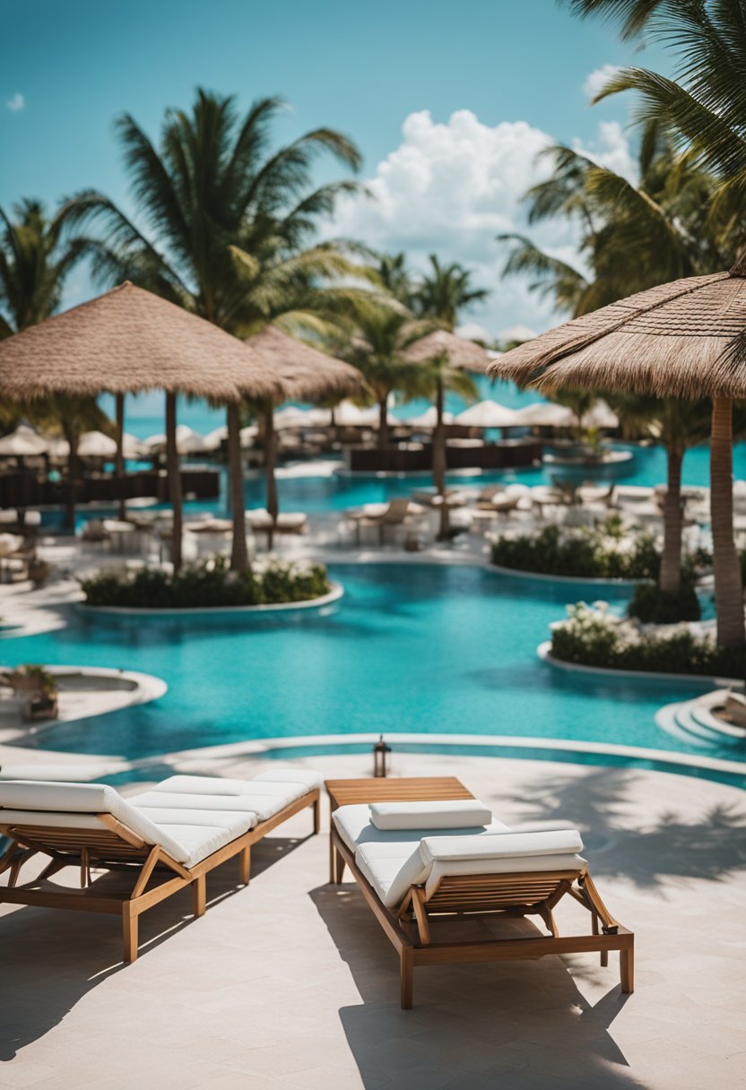 A family lounges by a turquoise pool at a Cancun all-inclusive resort, surrounded by palm trees and a pristine beach