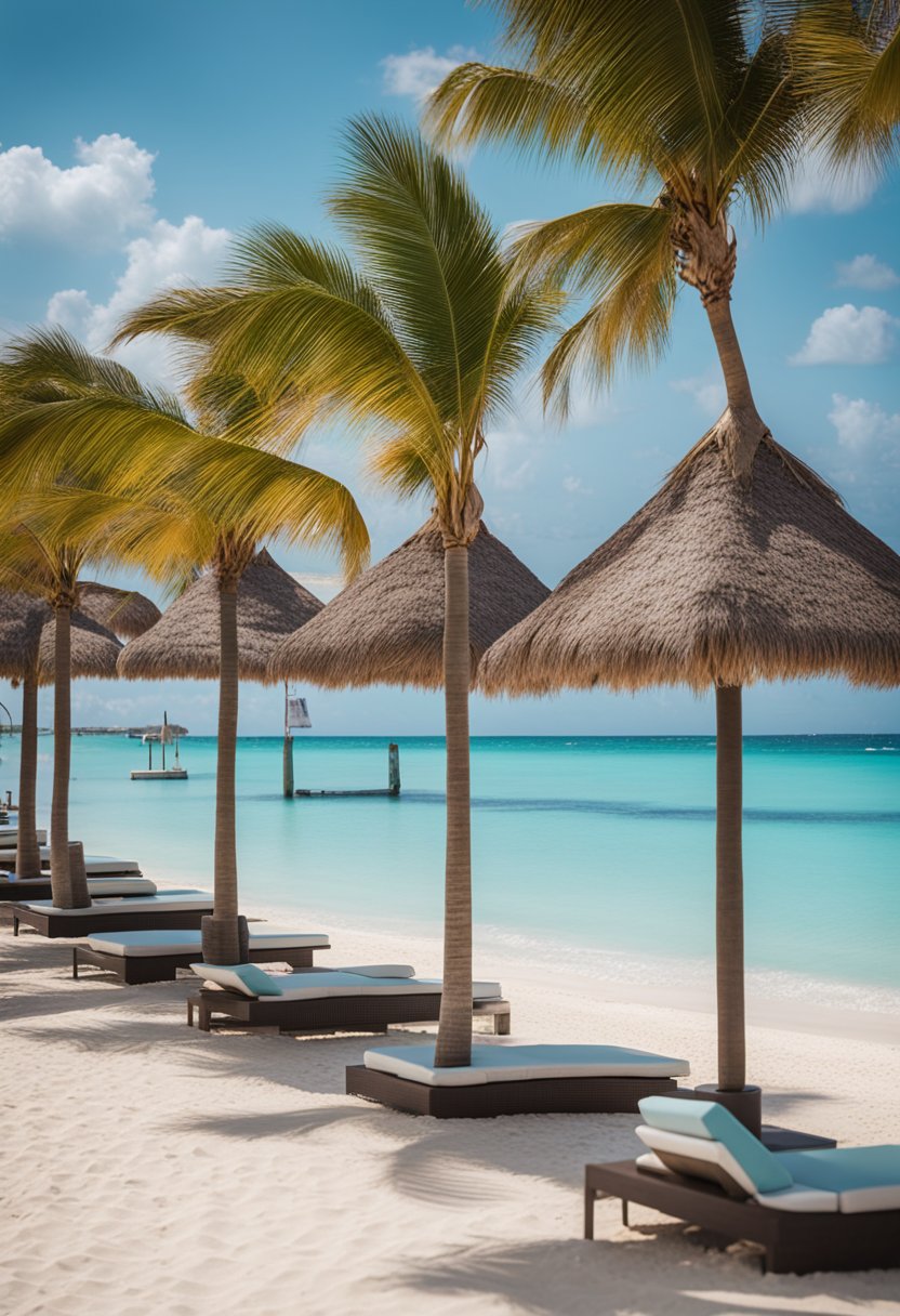 A serene beachfront with palm trees, turquoise waters, and a row of affordable all-inclusive resorts in Cancun