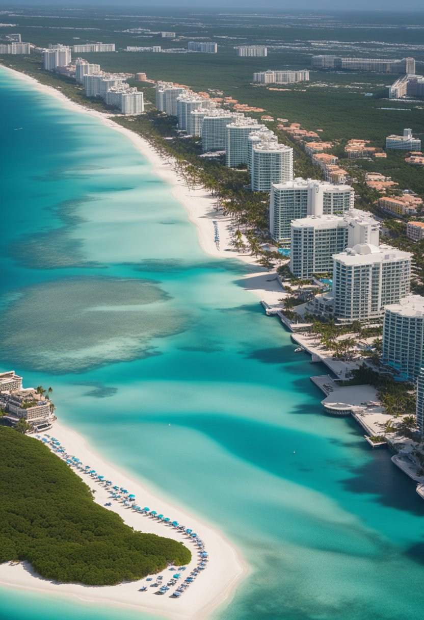 Aerial view of Cancun's coastline with palm-lined beaches and luxury all-inclusive resorts nestled along the crystal-clear turquoise waters