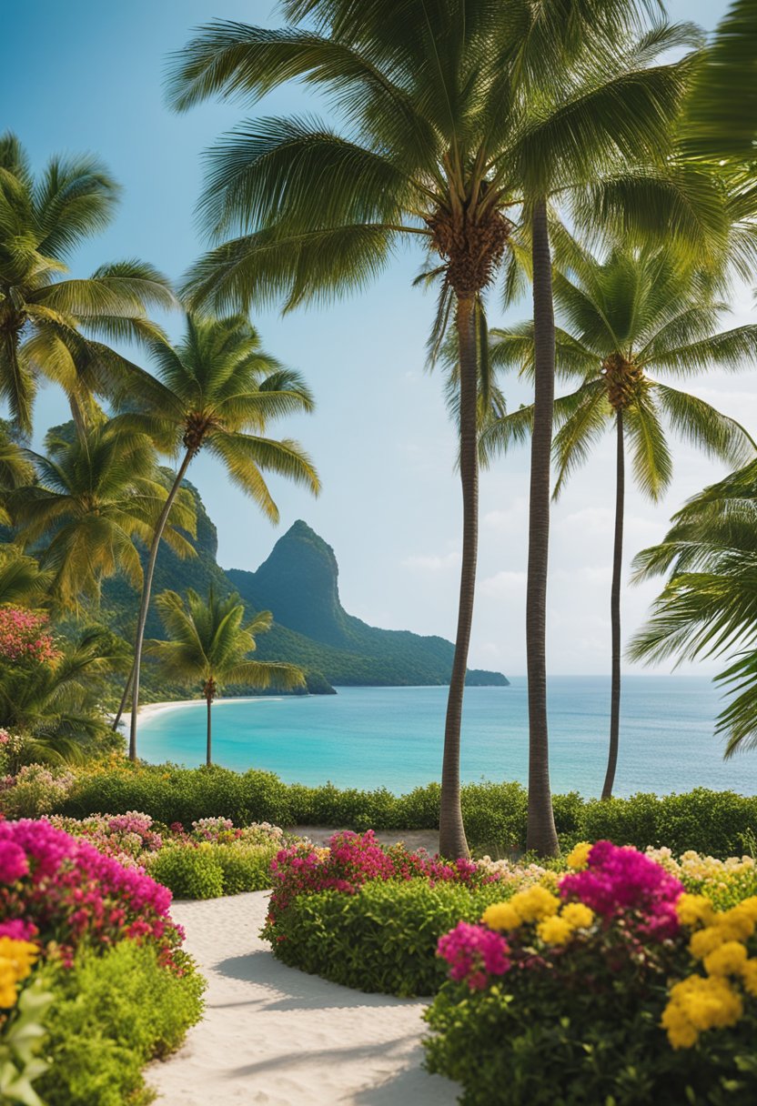 A serene beach with clear blue waters and palm trees, surrounded by lush greenery and colorful flowers, with a view of the resort in the distance