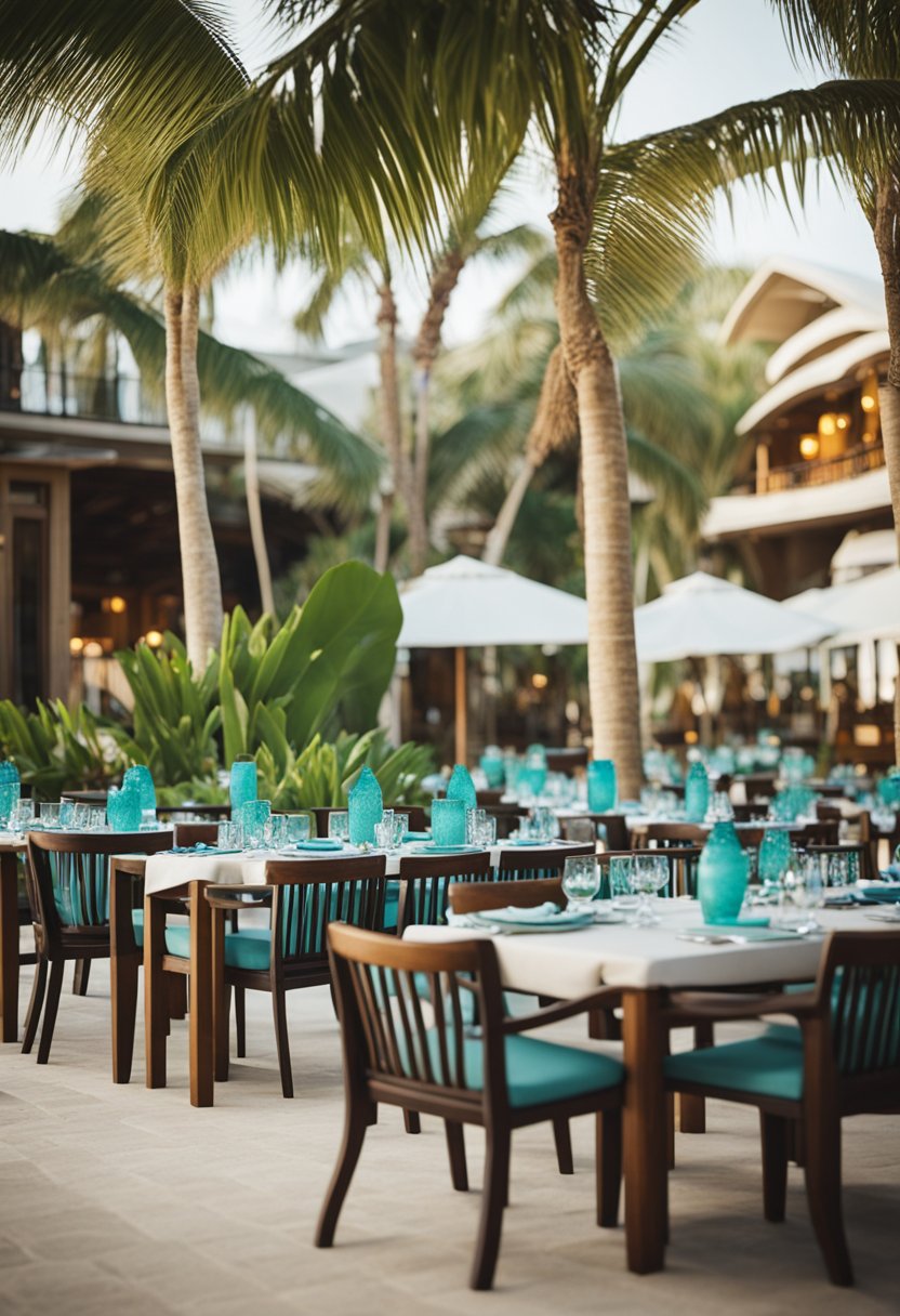 A beachfront resort with palm trees, turquoise waters, and outdoor dining areas serving a variety of international cuisine