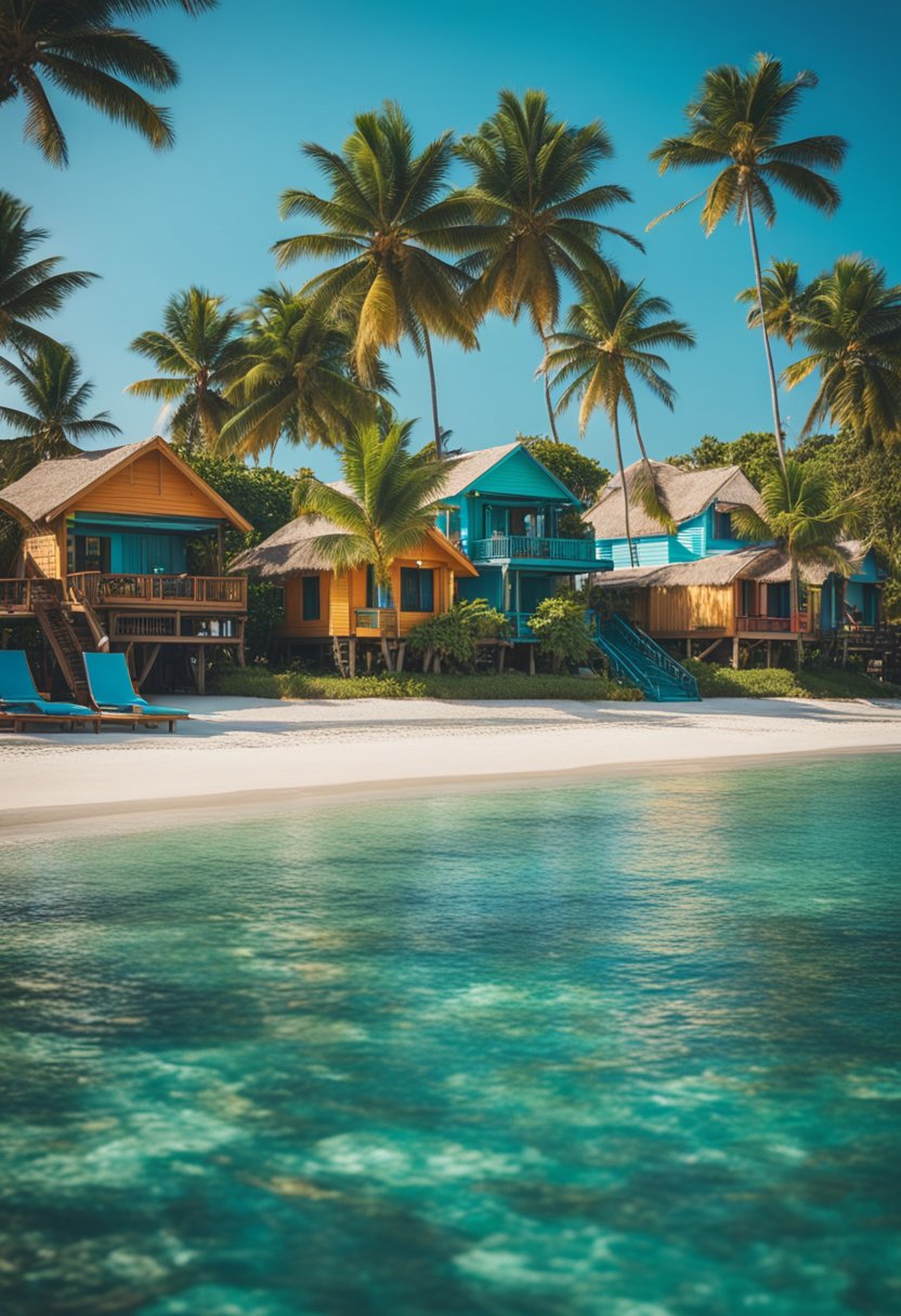 A tropical beach resort with palm trees, clear blue water, and colorful bungalows nestled along the shore