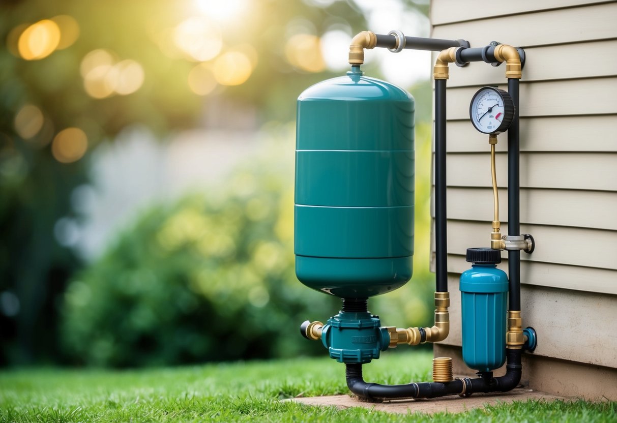 A well water pump system with pressure tank, pipes, and pressure gauge connected to a house