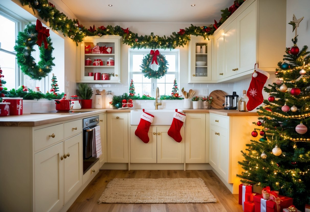 A cozy kitchen adorned with 17 festive Christmas decorations, including garlands, wreaths, stockings, and twinkling lights