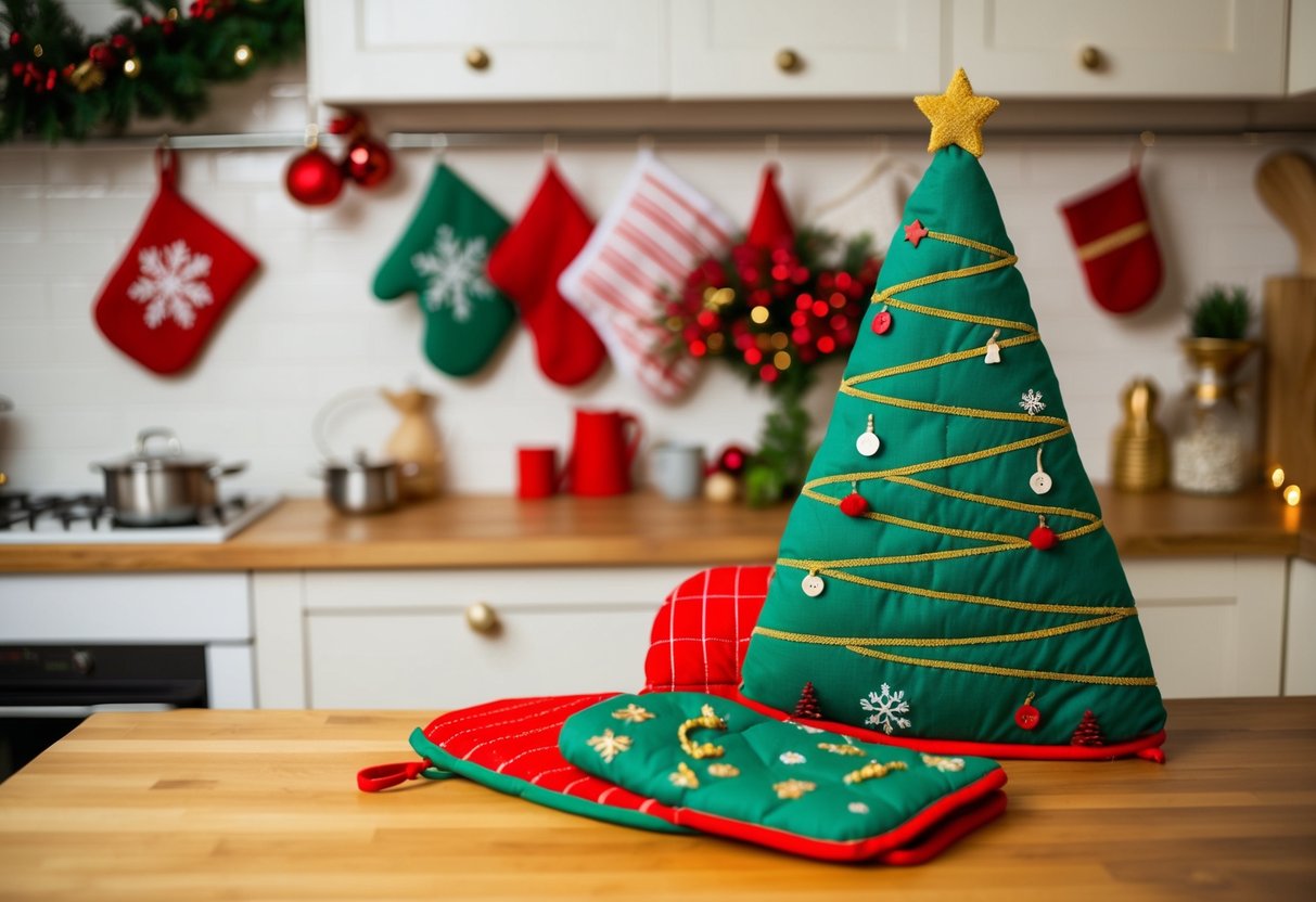 A festive kitchen scene with handmade Christmas tree oven mitts and 16 other holiday decorations