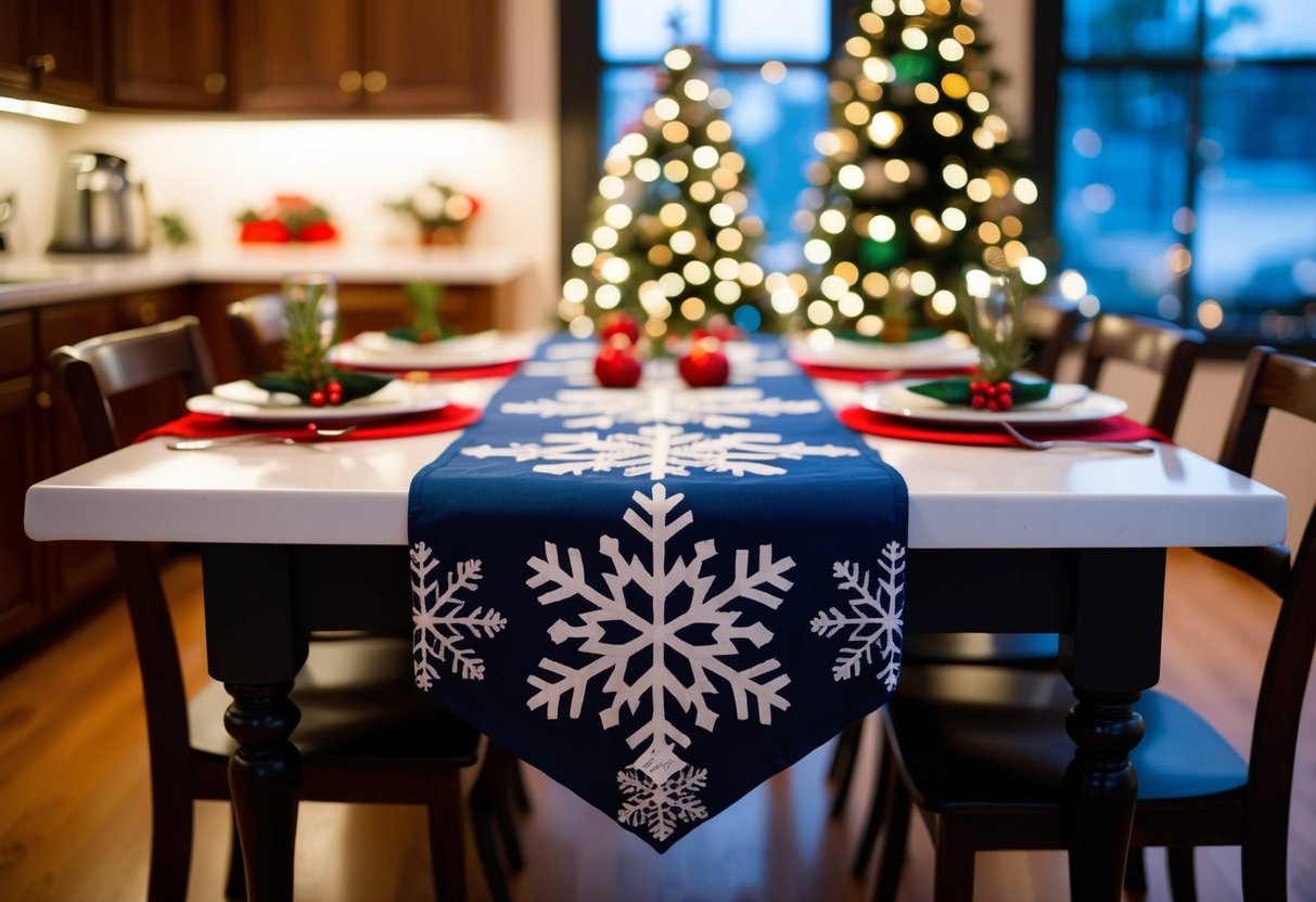 A festive table runner with snowflake design adorns a holiday kitchen table