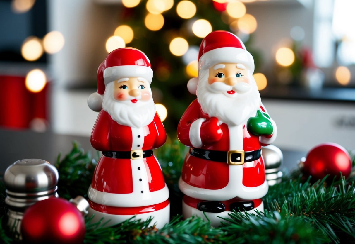 Santa and Mrs. Claus salt and pepper shakers surrounded by festive kitchen decorations