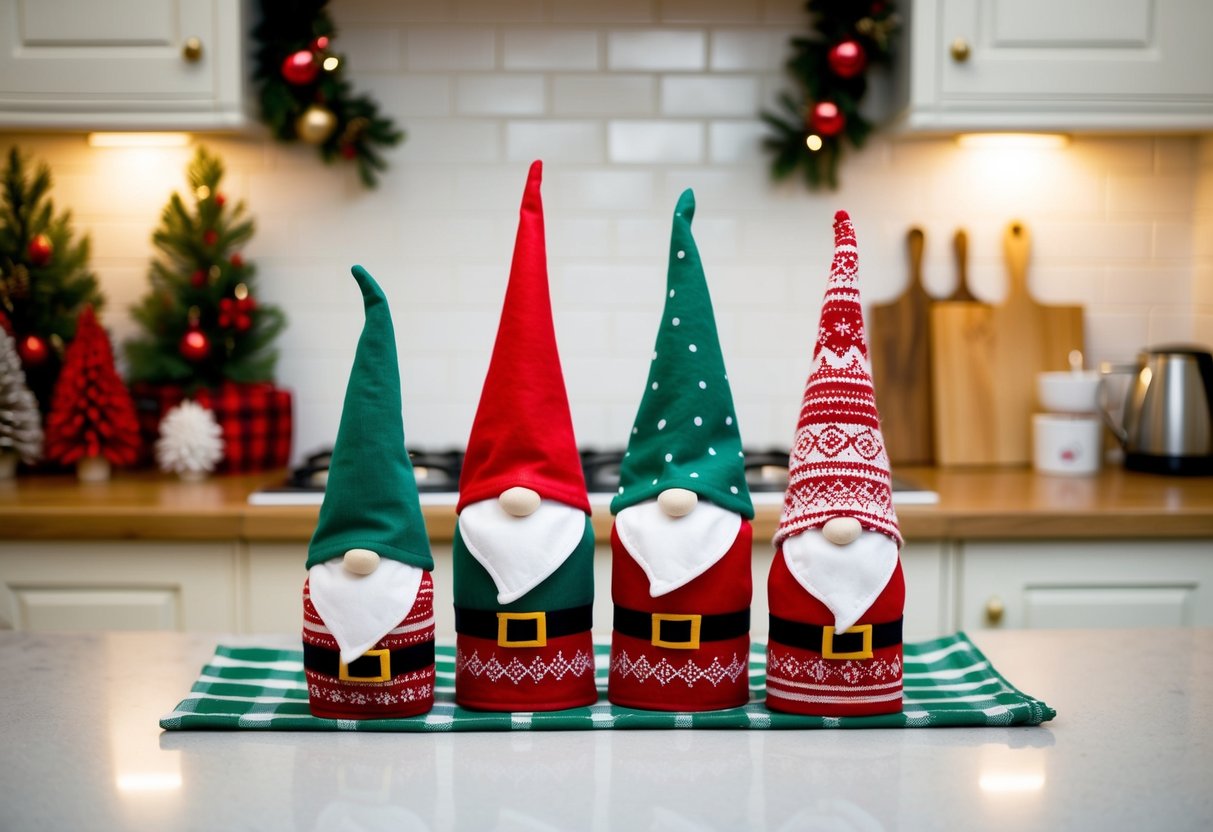 A cozy kitchen adorned with Nordic gnome dish towels, adding a festive touch to the Christmas decorations