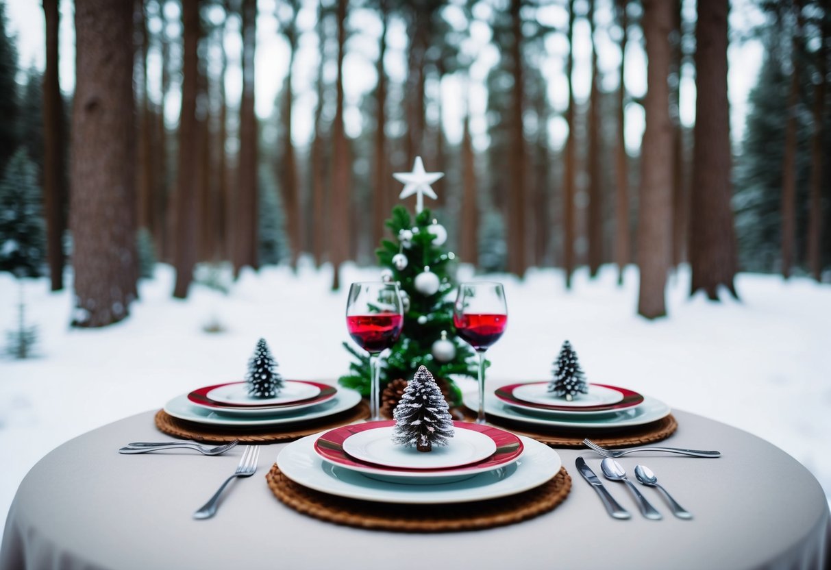 A snowy forest clearing with a festive table set with Winter Wonderland dinner plates and Christmas decorations