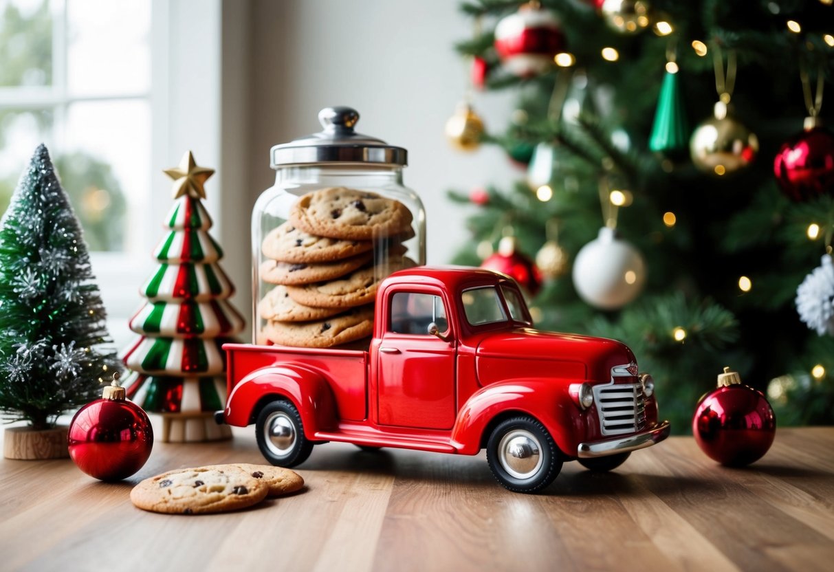 A vintage red truck cookie jar sits among 17 kitchen Christmas decorations