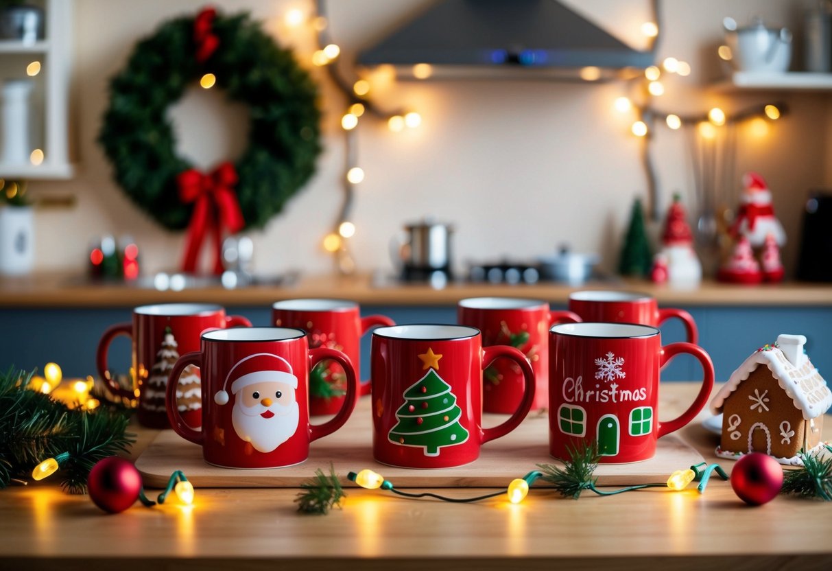 A cozy kitchen scene with a set of Christmas-themed mugs surrounded by festive decorations like a wreath, twinkling lights, and a gingerbread house