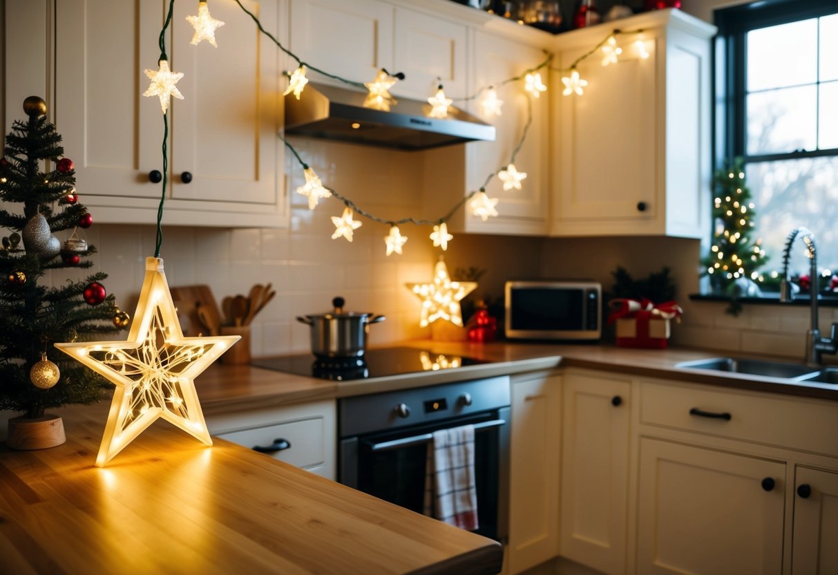 A cozy kitchen adorned with twinkling star string lights and other Christmas decorations