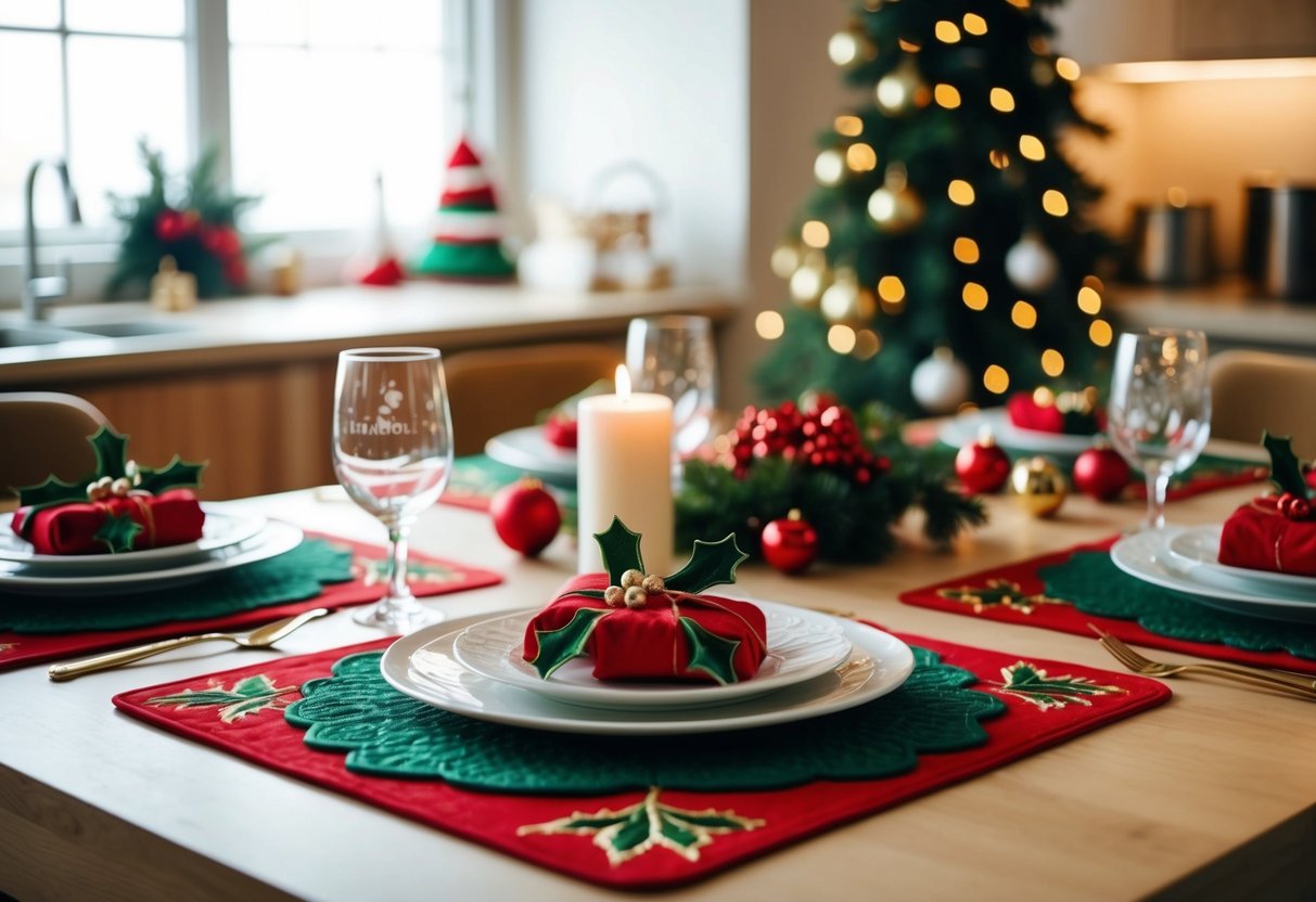 A festive kitchen table set with embroidered holly placemats and other Christmas decorations