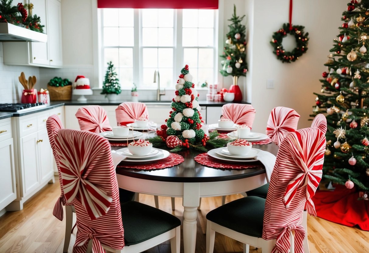 A kitchen table with 17 peppermint twist chair covers and Christmas decorations