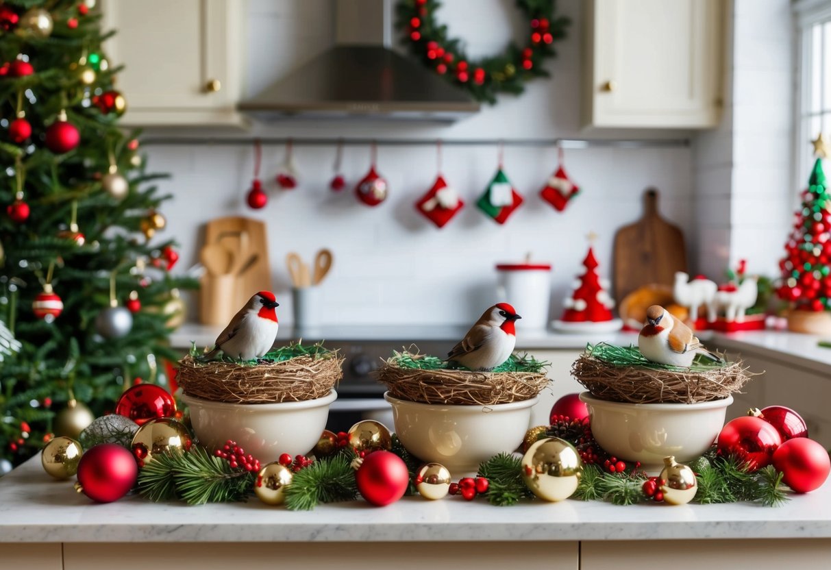 A festive kitchen scene with Songbird Nesting Bowls displayed among 17 Christmas decorations