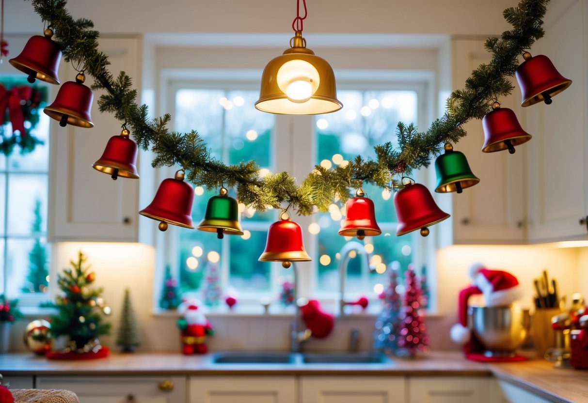 A festive kitchen scene with a jingle bell garland hanging above the cabinets, surrounded by other Christmas decorations