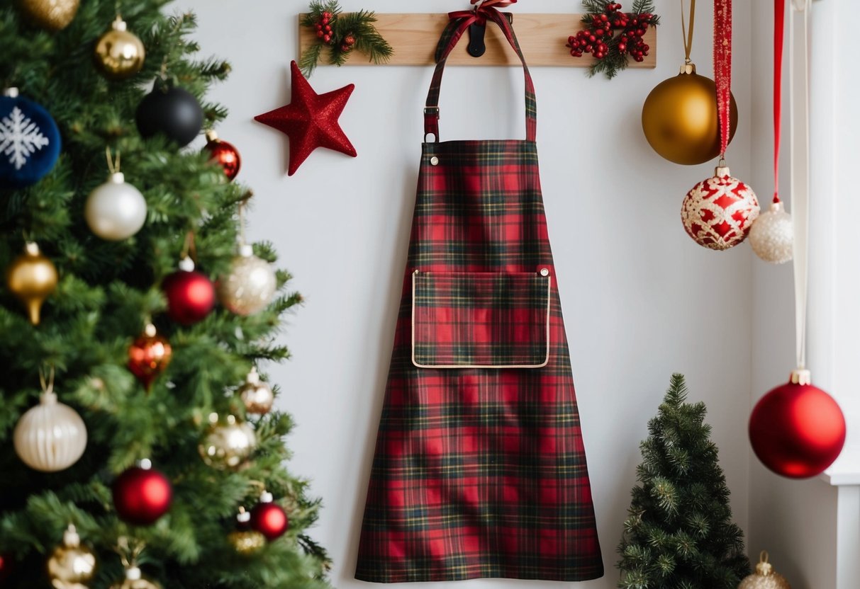 A tartan plaid apron hangs on a kitchen hook surrounded by 17 Christmas decorations