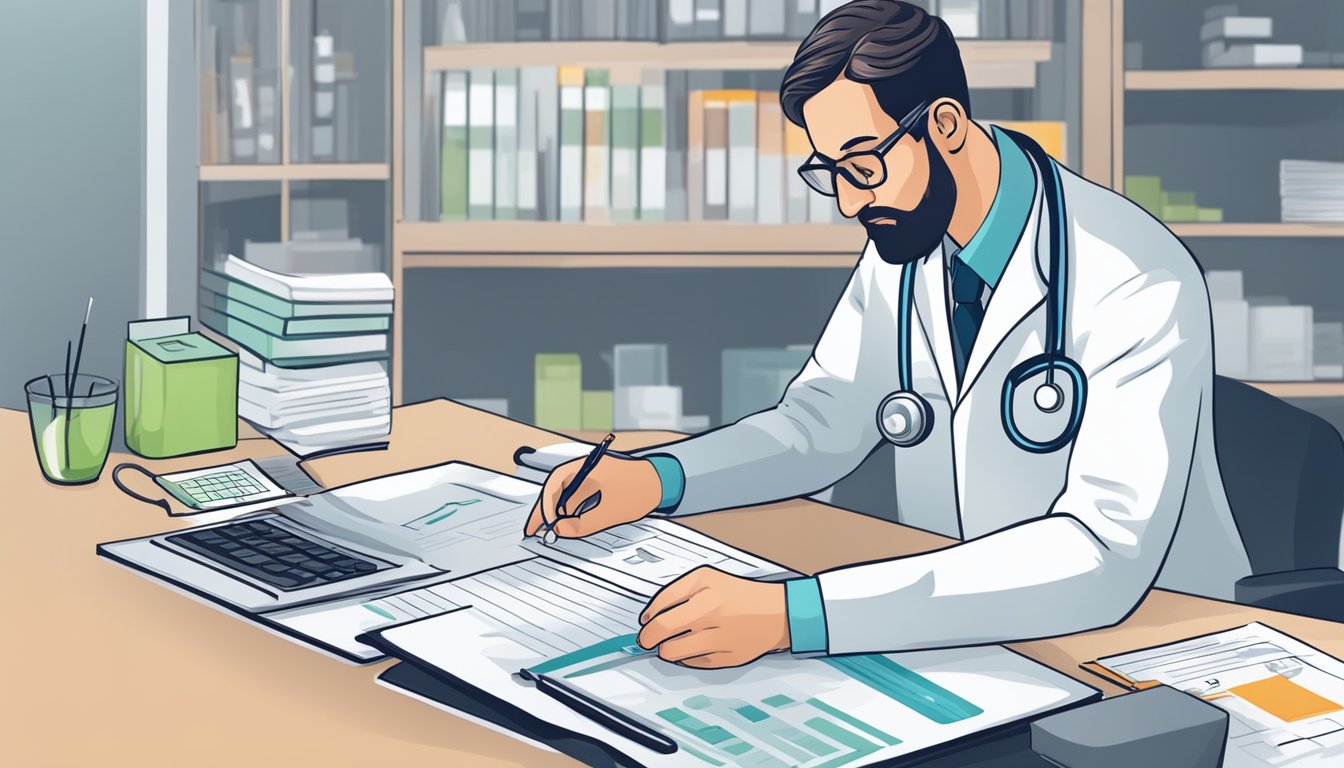 A doctor reviewing medical records and processing payment for critical illness cover related to sepsis