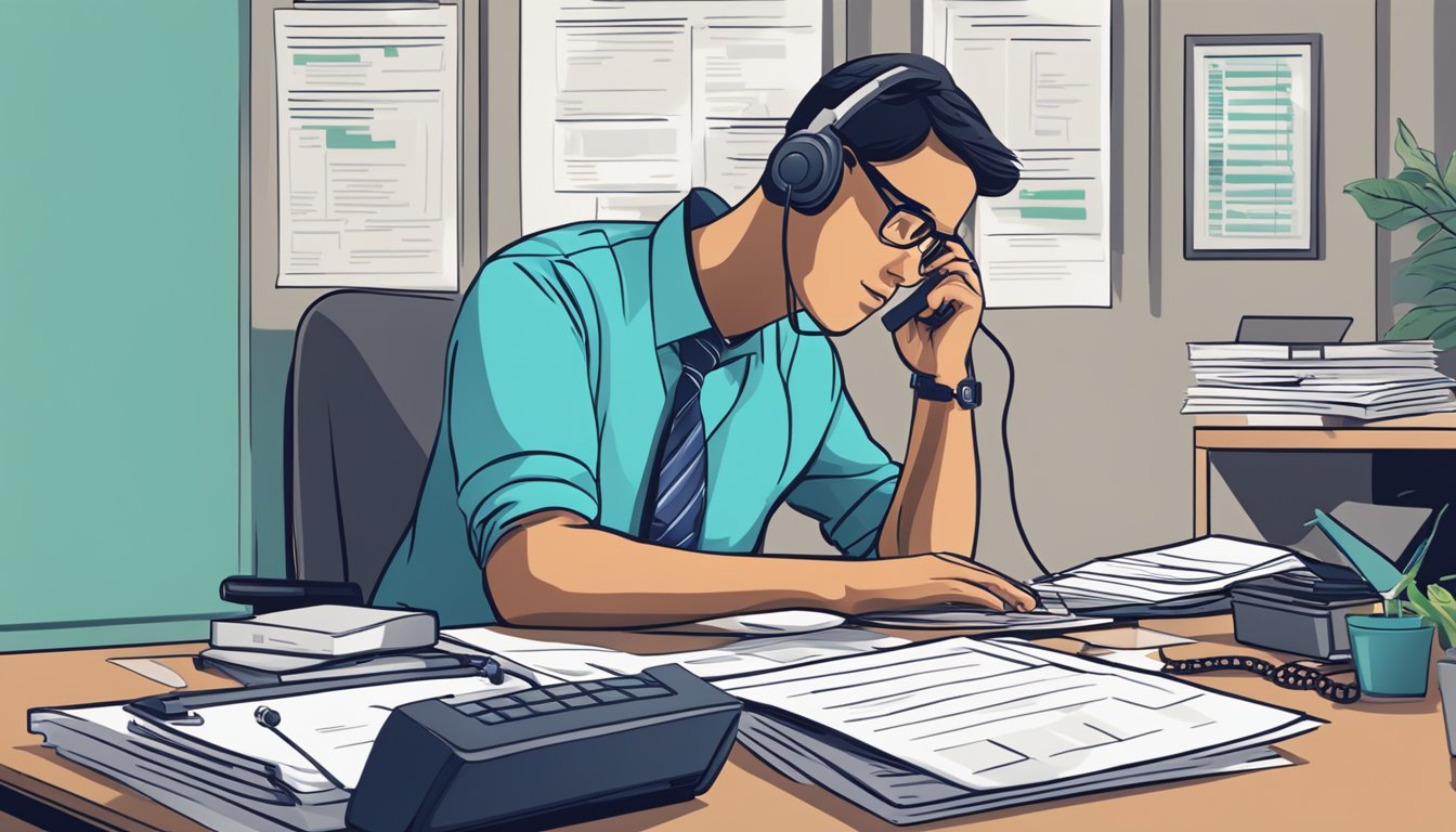 A person sitting at a desk, surrounded by medical paperwork and a laptop, while on the phone with an insurance representative