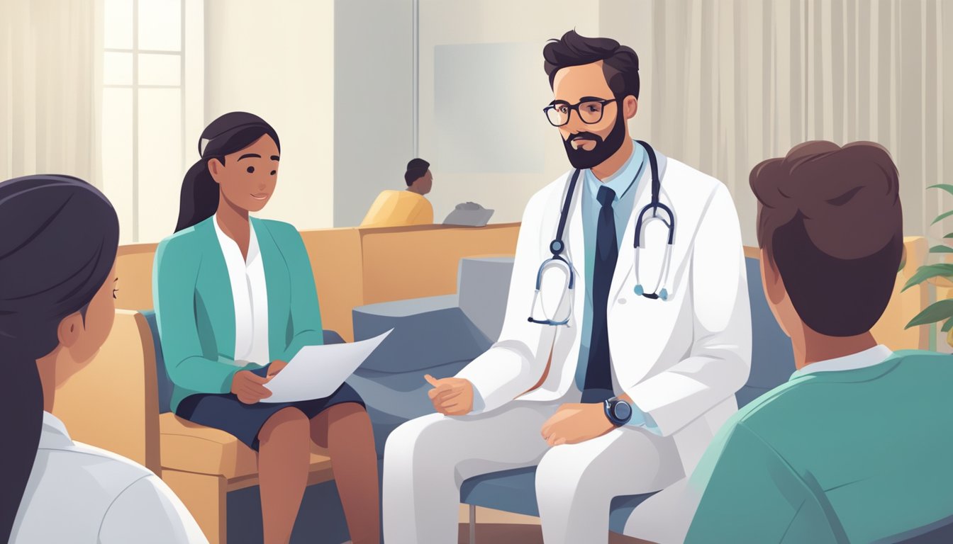 A doctor in a white coat explaining a critical illness plan to a concerned family in a hospital waiting room