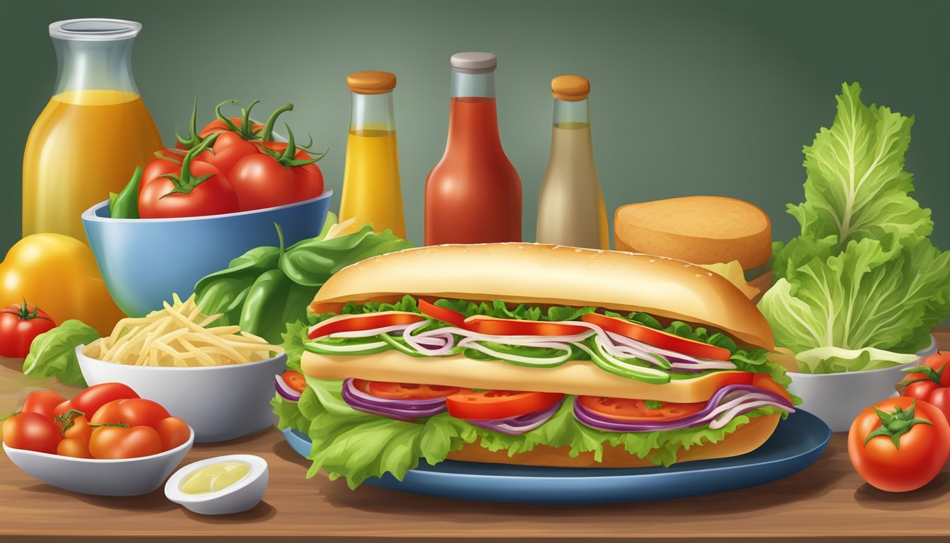 A table set with an Italian sub sandwich, surrounded by a variety of colorful and fresh ingredients like tomatoes, lettuce, and peppers