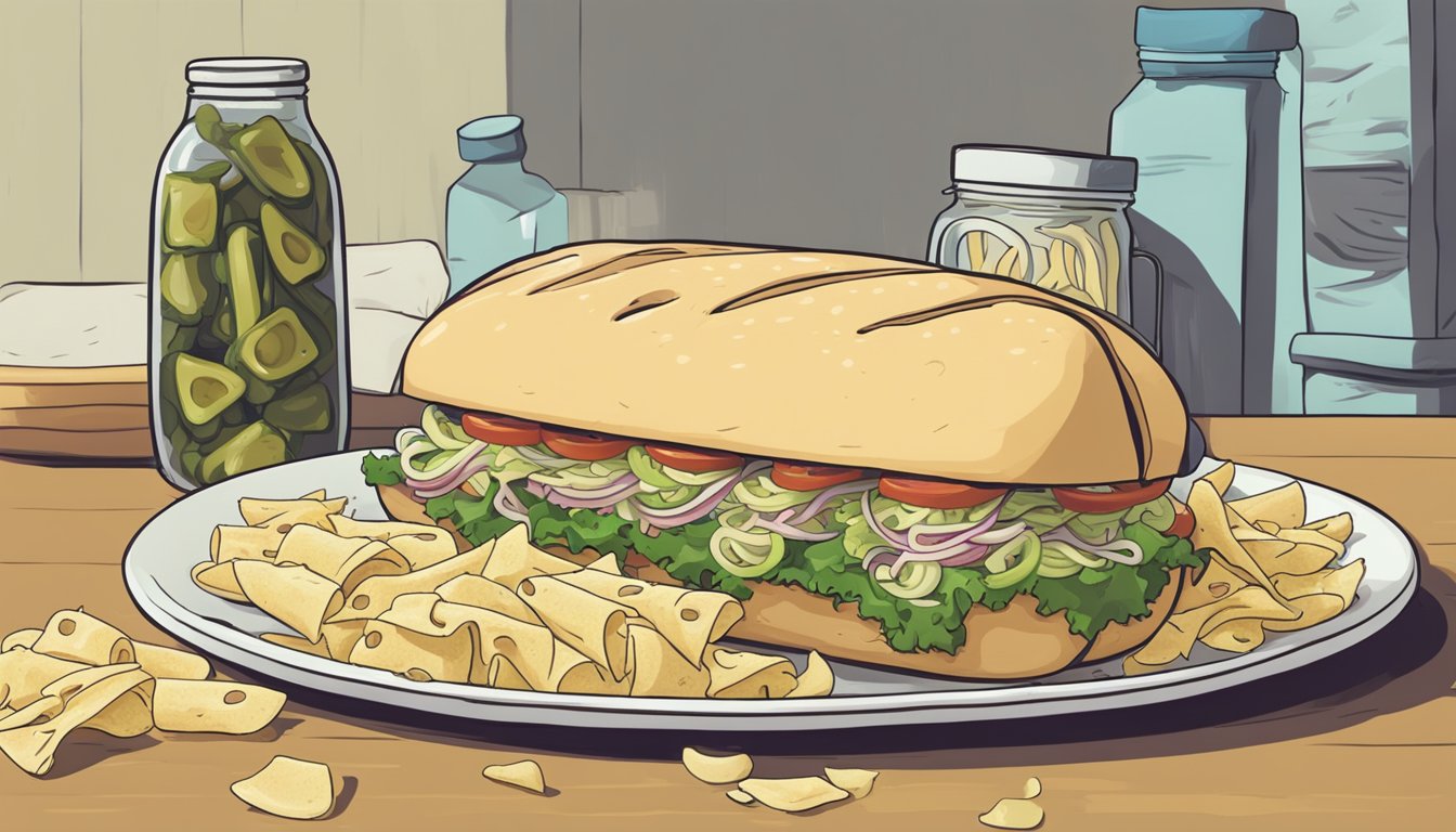 A half-eaten Italian sub sits on a plate next to a container of leftover pasta salad. A jar of pickles and a bag of chips complete the meal