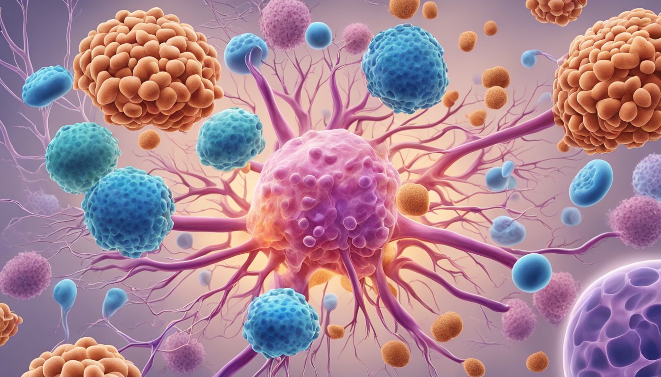 A medical illustration of cancer cells attacking various organs in the body, such as the lungs, breasts, prostate, and colon