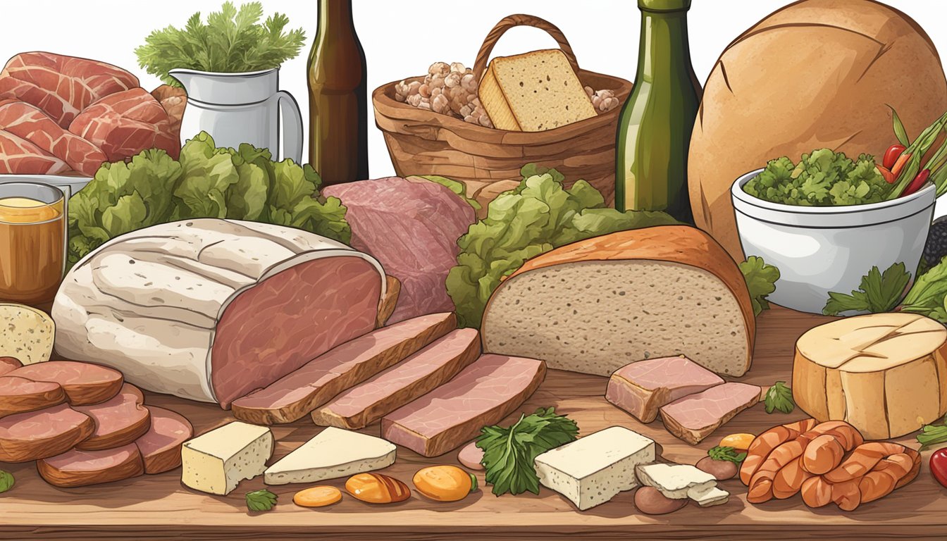 A spread of fresh deli meats, cheeses, and vegetables, along with a loaf of crusty Italian bread, all laid out on a wooden cutting board