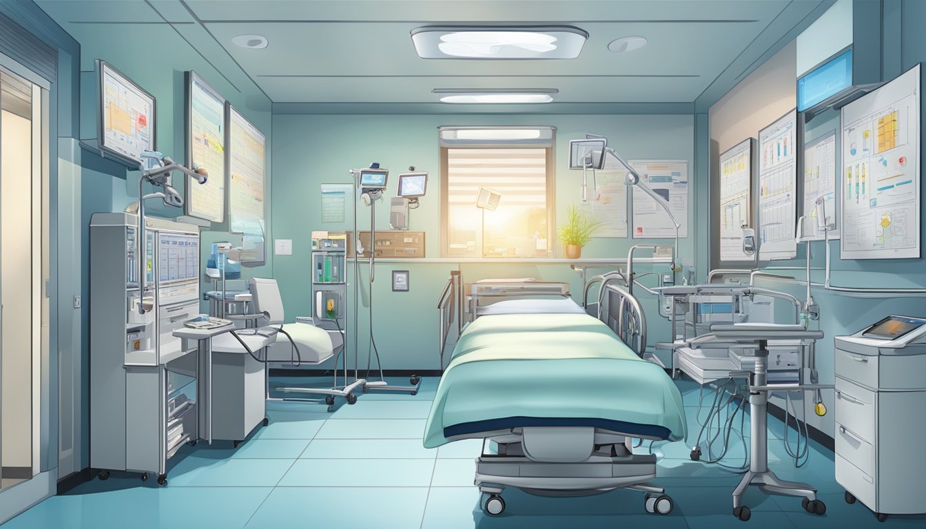 A hospital room with medical equipment and charts, depicting various critical illnesses such as cancer, heart disease, and stroke