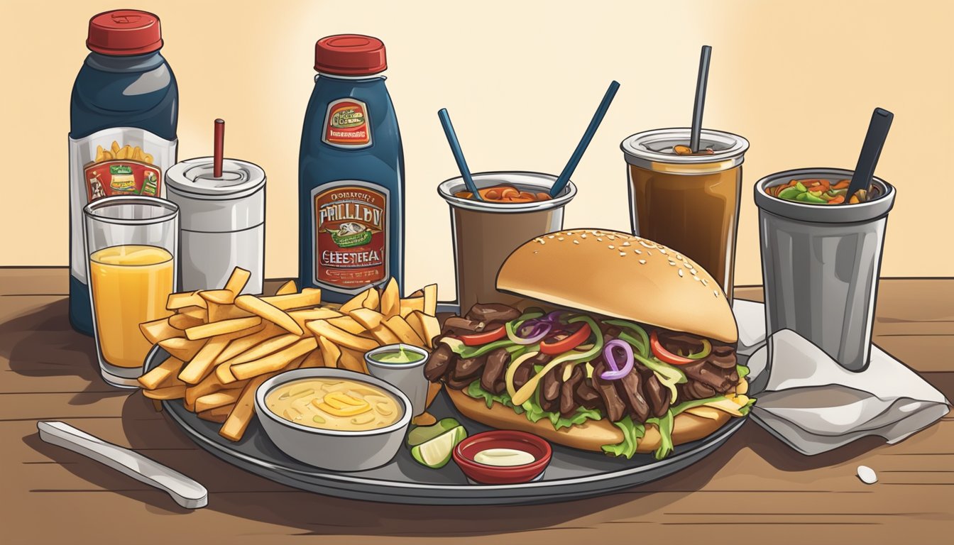 A sizzling philly cheesesteak sandwich being assembled with various toppings and condiments, alongside a side of fries and a drink