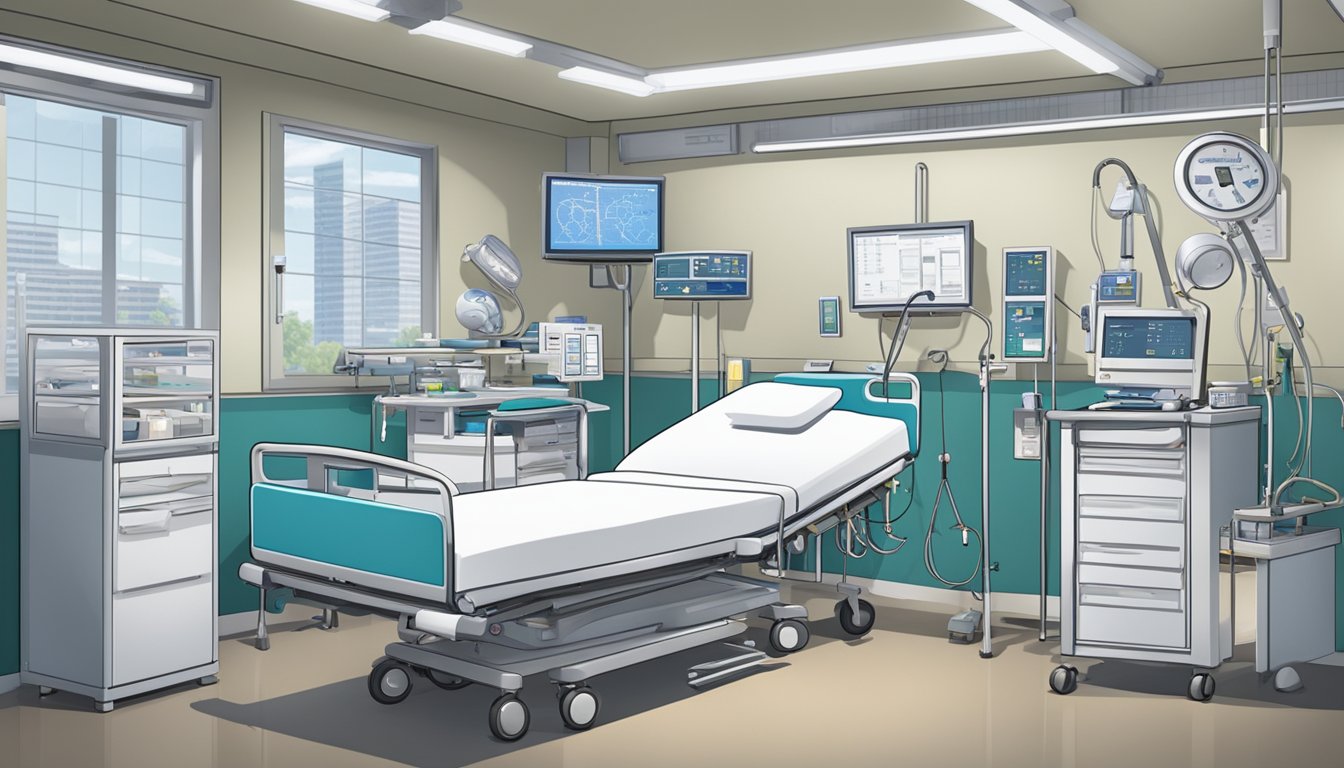 A hospital bed surrounded by medical equipment, with a chart displaying various critical illnesses and health conditions