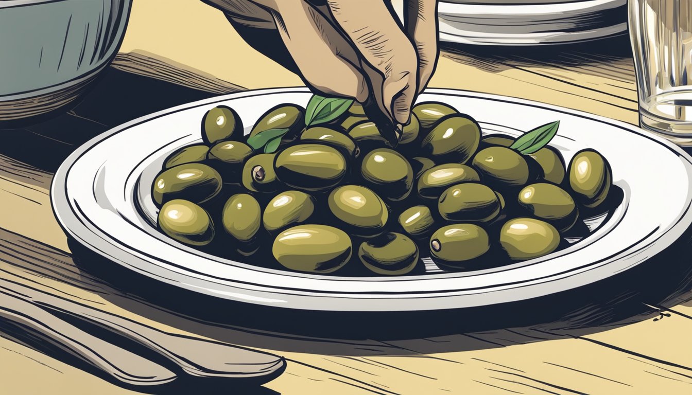 A hand reaching for an olive on a plate, with a fork piercing the olive. A bowl of olives sits nearby