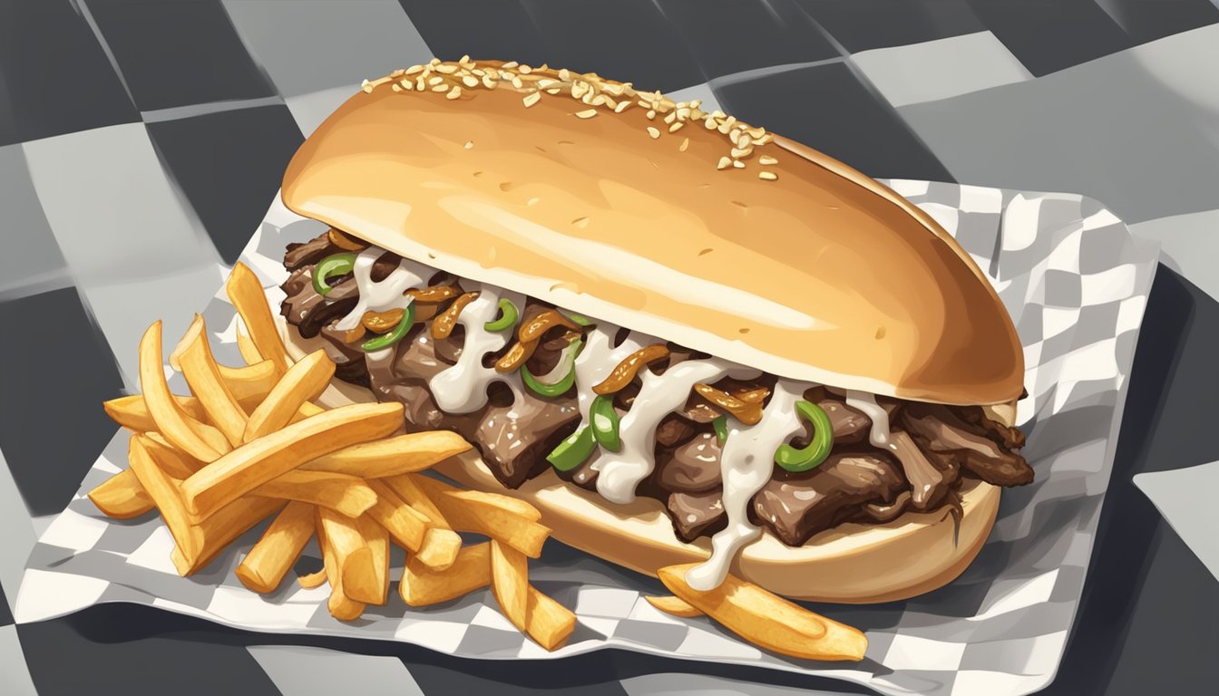 A philly cheesesteak sits on a checkered paper-lined tray, topped with melted cheese and grilled onions, surrounded by a pile of golden, crispy fries