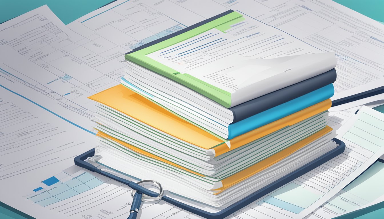 A stack of medical documents with highlighted sections on critical illness coverage for various types of cancer