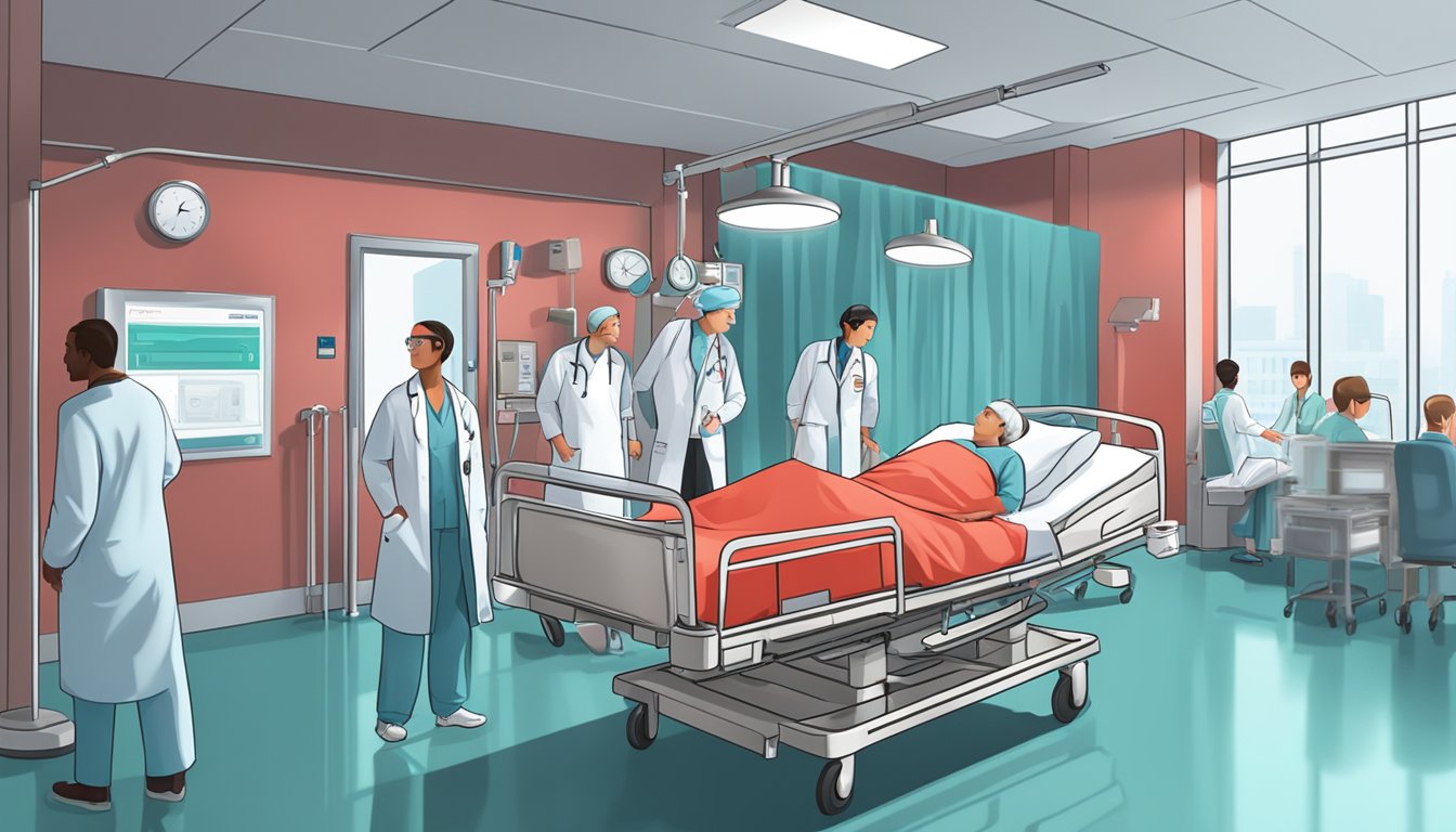 A hospital bed with a red "Critical Illness Cover" sign. Doctors and nurses in the background