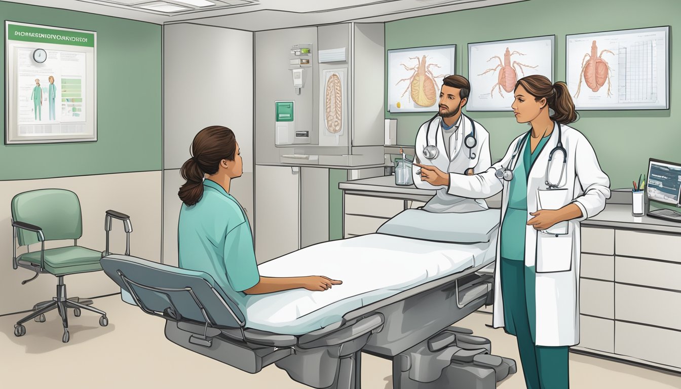 A doctor pointing to a chart showing various types of cancer, while a patient listens attentively in a hospital consultation room