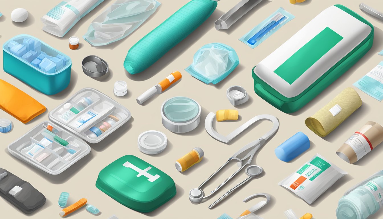 A medical kit with various supplies laid out neatly on a table, including bandages, medications, and a first aid manual