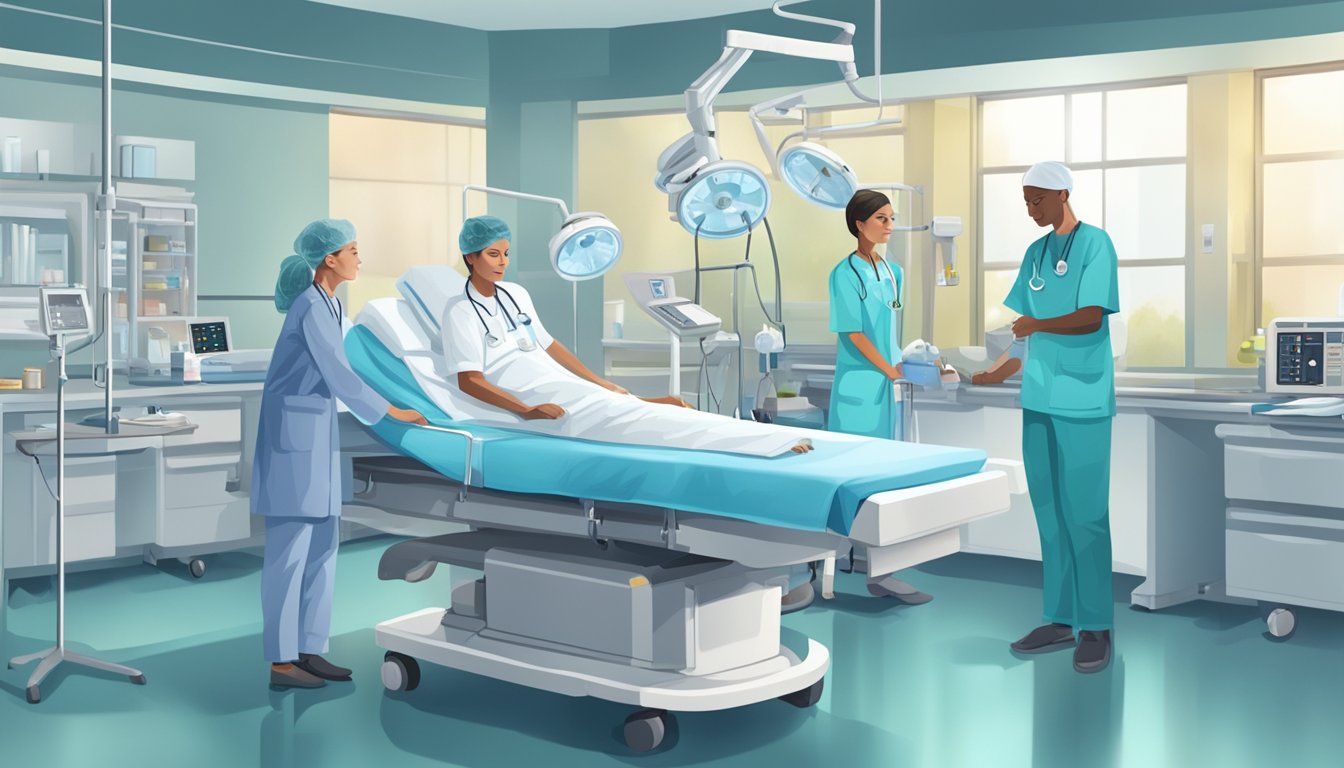 A medical illustration of a cancer patient receiving treatment in a hospital setting, with doctors and medical equipment present