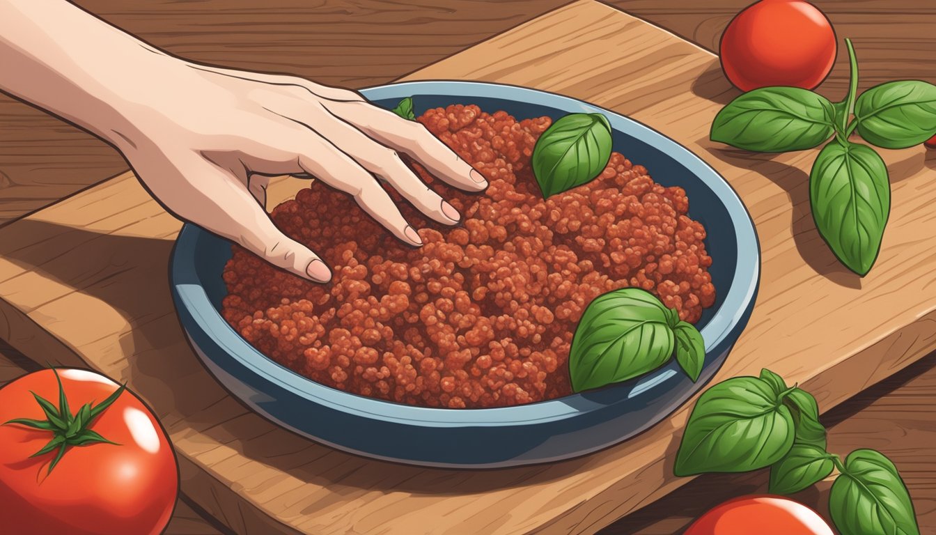 A hand reaching for a ripe tomato, a bowl of ground beef, and a sprig of fresh basil on a wooden cutting board