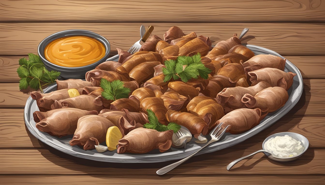 A platter of pigs' trotters served with utensils and condiments on a rustic wooden table