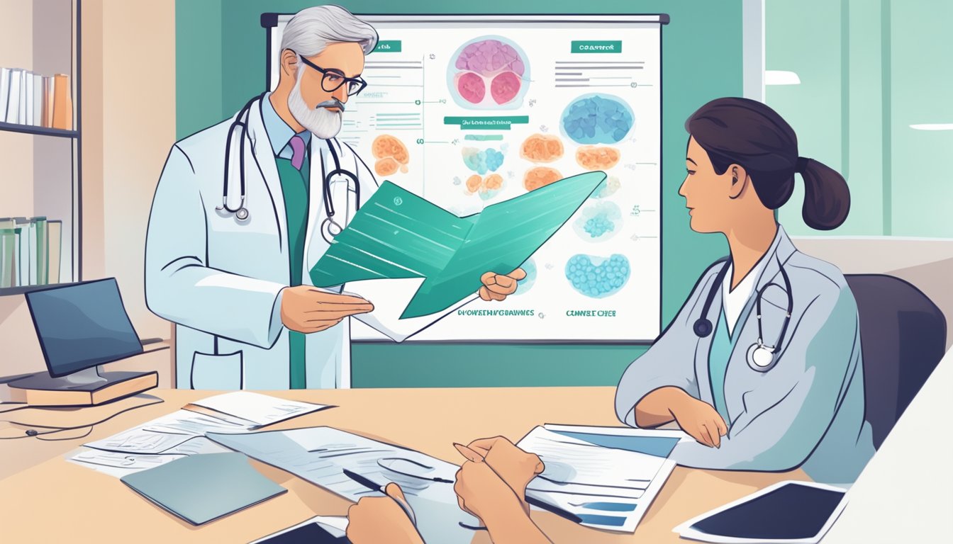 A doctor pointing to a chart showing different types of cancer while discussing coverage with a patient