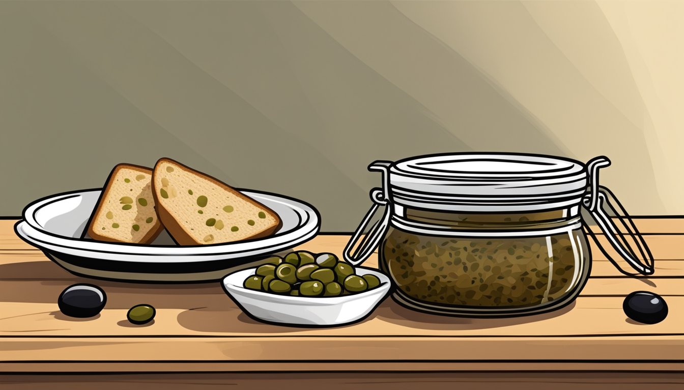 A small dish of olive tapenade sitting on a wooden table next to a loaf of bread and a jar of olives