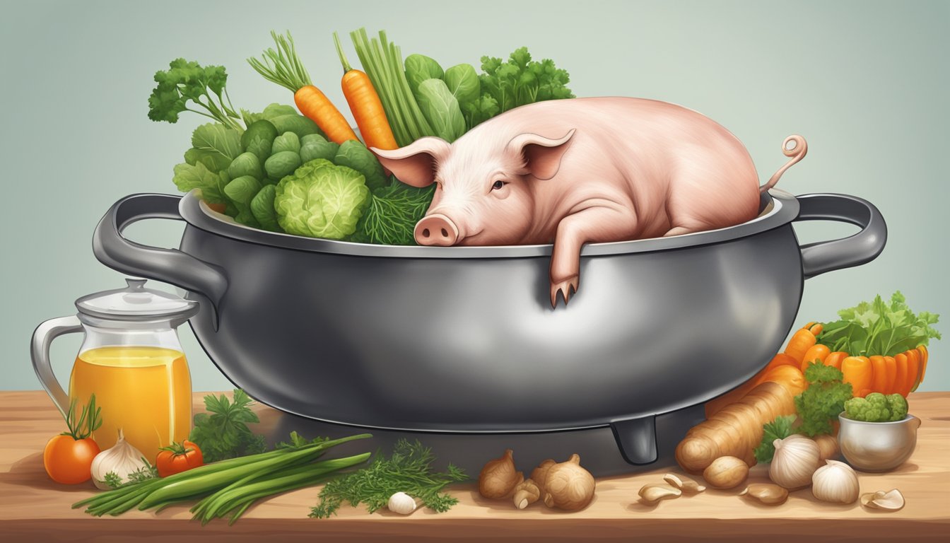 A pig's trotter being slowly simmered in a pot of flavorful broth, surrounded by aromatic herbs and vegetables