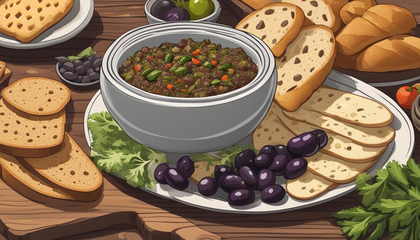 A bowl of olive tapenade sits on a wooden table, surrounded by slices of crusty bread, crackers, and a variety of fresh vegetables for dipping