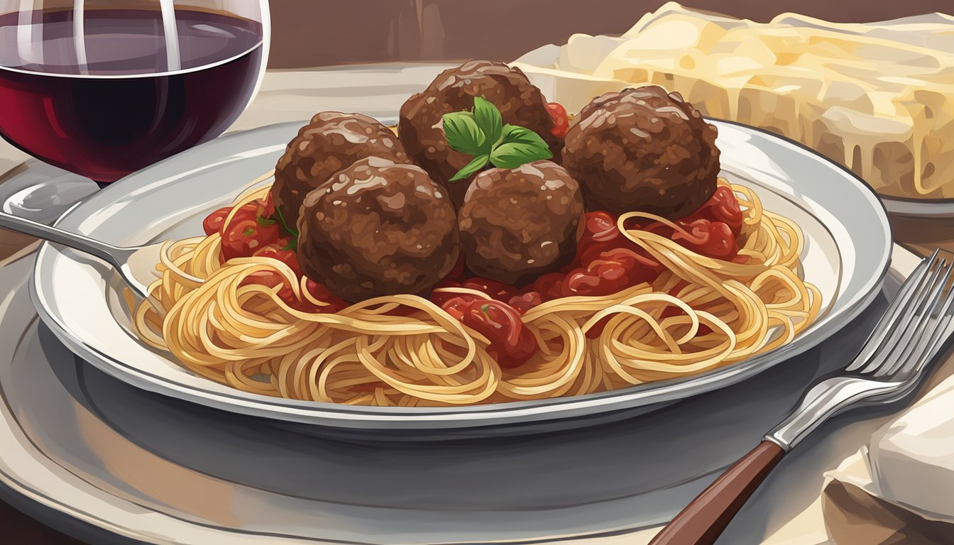 A plate of Italian meatballs with a side of spaghetti, a fork piercing a meatball, and a glass of red wine