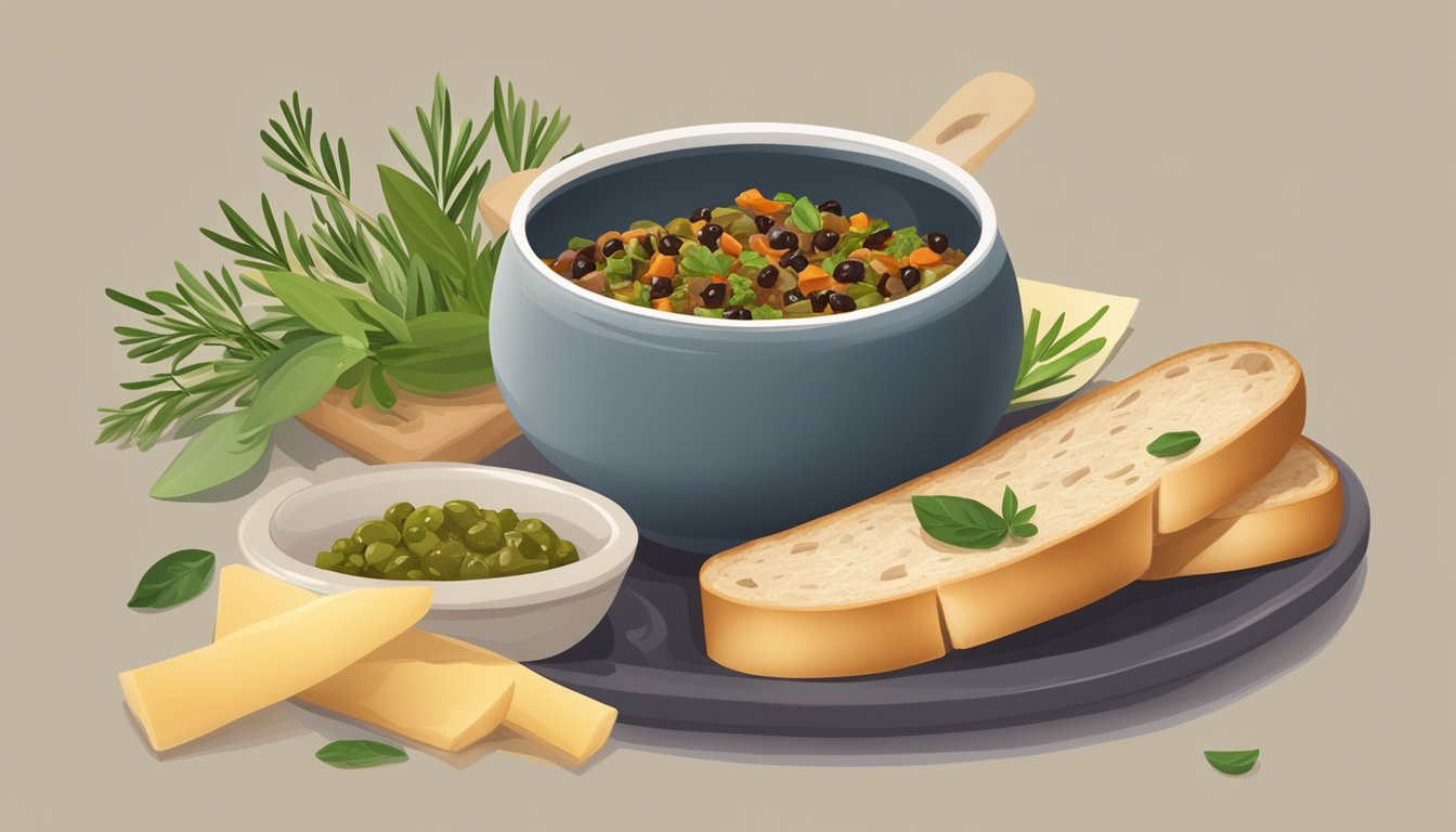 A small dish of olive tapenade surrounded by sliced baguette and garnished with fresh herbs