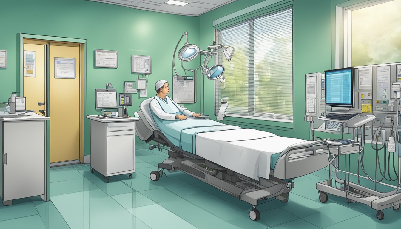 A hospital room with medical equipment, a chart listing covered conditions, and a doctor explaining to a patient