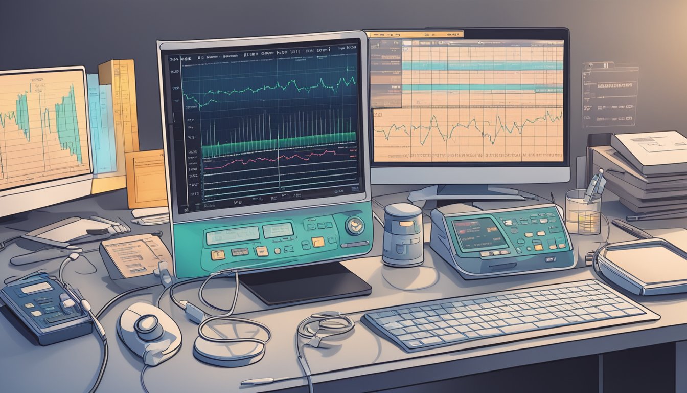 A heart monitor displays a steady line as a medical chart with various disease names and symbols is spread out on a doctor's desk