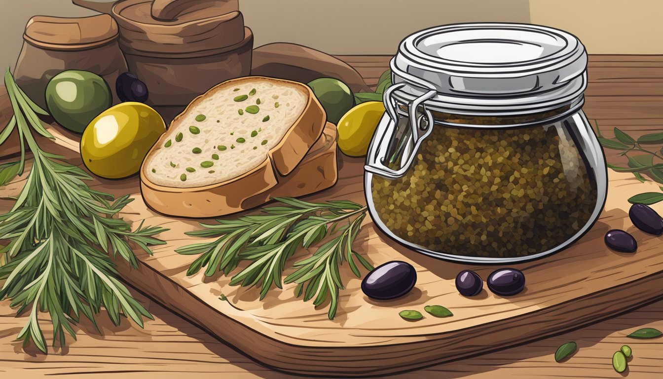 A jar of olive tapenade sits open on a wooden cutting board, surrounded by fresh herbs, olives, and a loaf of crusty bread